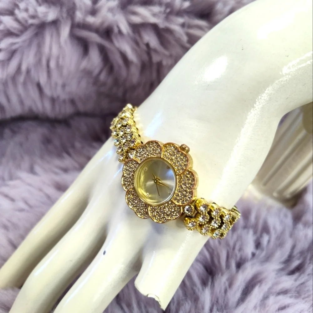 Charter Club Gold Floral Rhinestone Watch 8 Inch - Picture 1 of 9